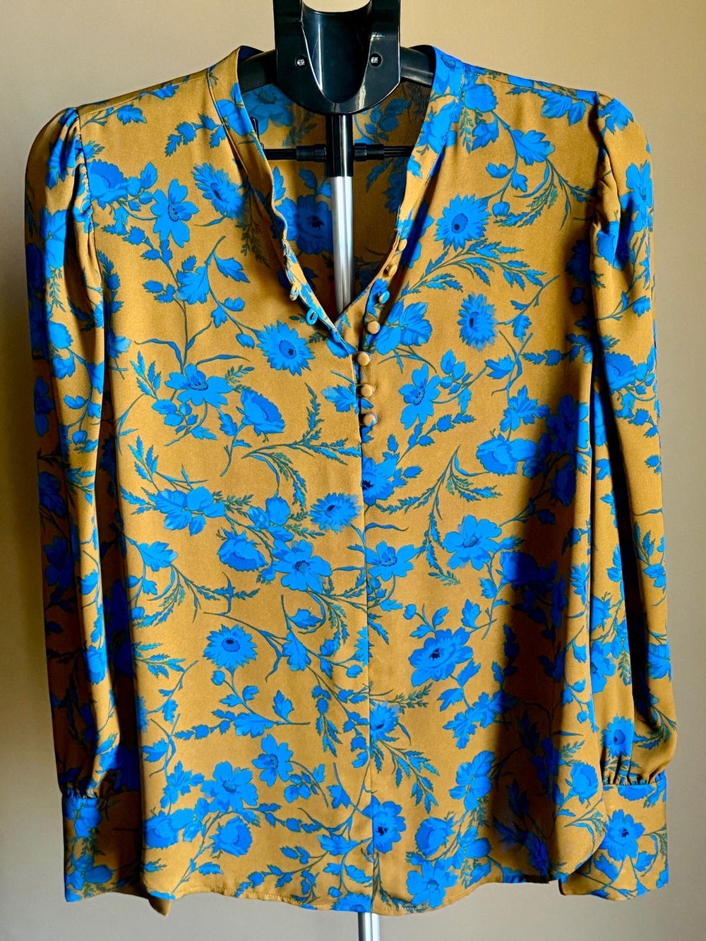 Ann Taylor Factory Mustard Blouse with Bright Blue Floral Print